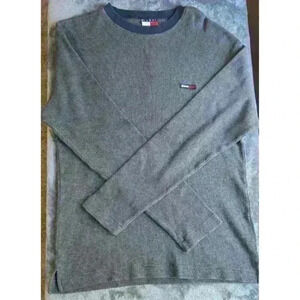 Tommy Jeans Sweater Mens Small Grey Waffle Knit Top Cotton Long Sleeve